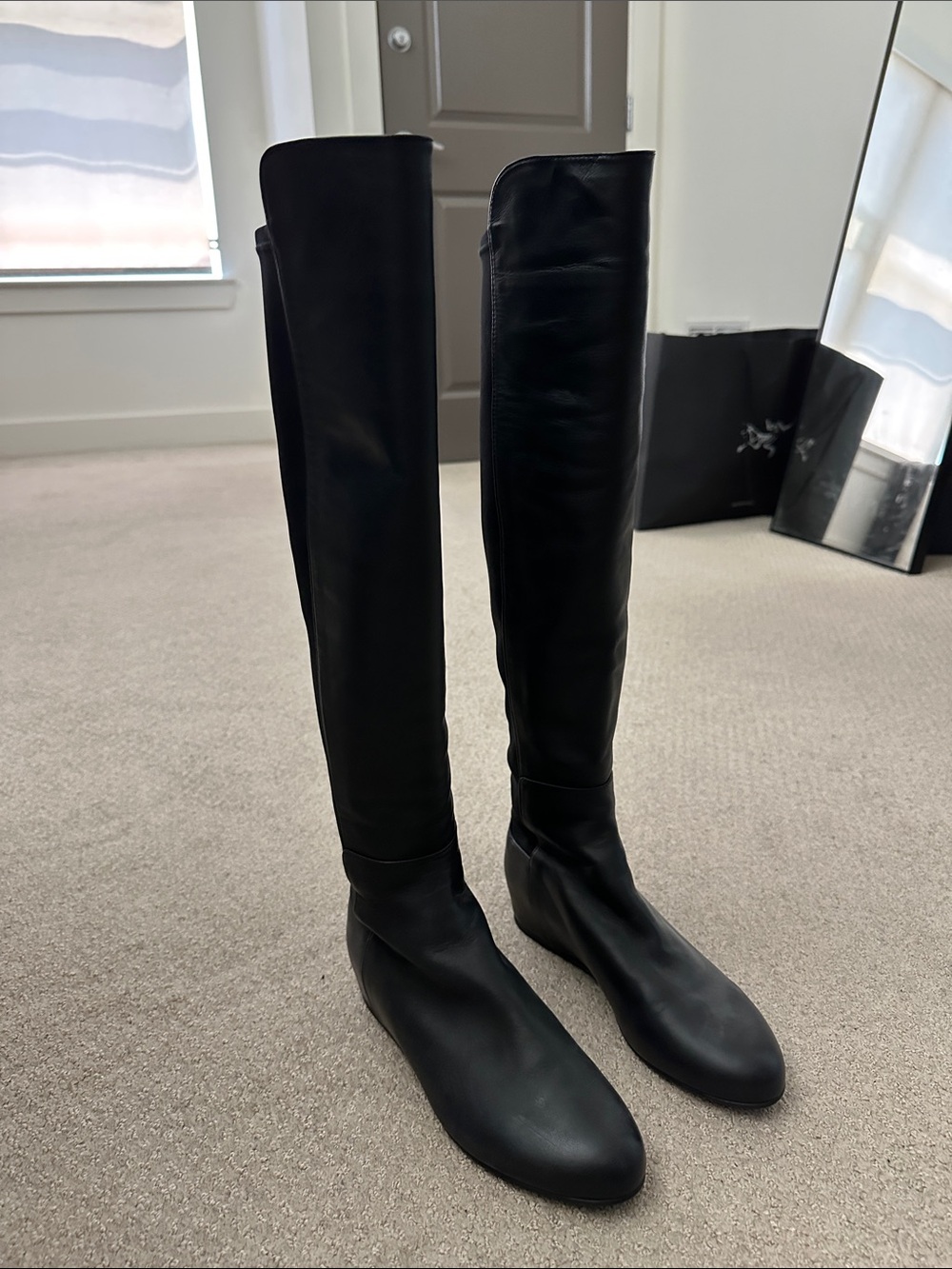 Stuart Weitzman Black Over-The-Knee Leather Wedge Boots
